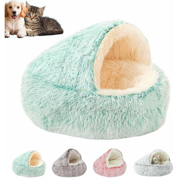 Cozy Cocoon Dog Bed with Hooded Cave Cover, Washable Anti-Slip Round Fluffy Bed for Small Medium Pets up to 22 lbs Pets, Calming Plush Cat Cave