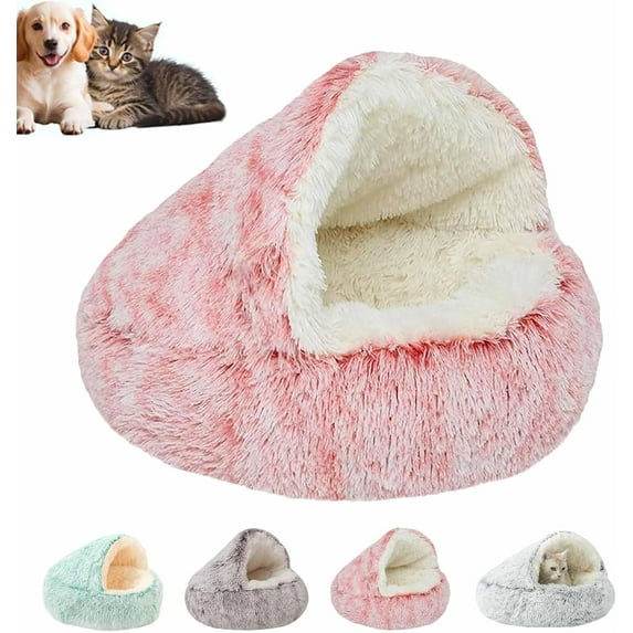 Cozy Cocoon Dog Bed with Hooded Cave Cover, Washable Anti-Slip Round Fluffy Bed for Small Medium Pets up to 22 lbs Pets, Calming Plush Cat Cave
