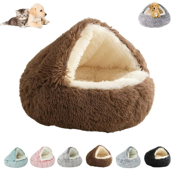 Cozy Cocoon Dog Bed with Hooded Cover, Plush Cave-Style Pet Bed for Small & Medium Dogs, Warm Calming Snuggle Nest, Washable with Anti-Slip Bottom