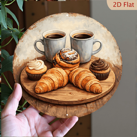 Cozy Coffee Break Round Metal Wall Art, 8x8 Inch Vintage Pastry Illustration Aluminum Decor for Kitchen and Dining Room