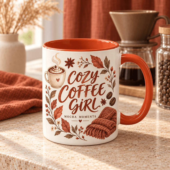 Cozy Coffee Girl Autumn Leaves Rust Cream Ceramic Mug Fall Gift