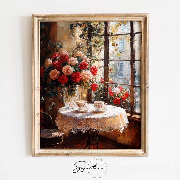 Cozy Coffee Shop Corner with Roses, Romantic Valentines Day Wall Art, Rustic Cottagecore, Warm Decor, 3560 Unframed Paper Print