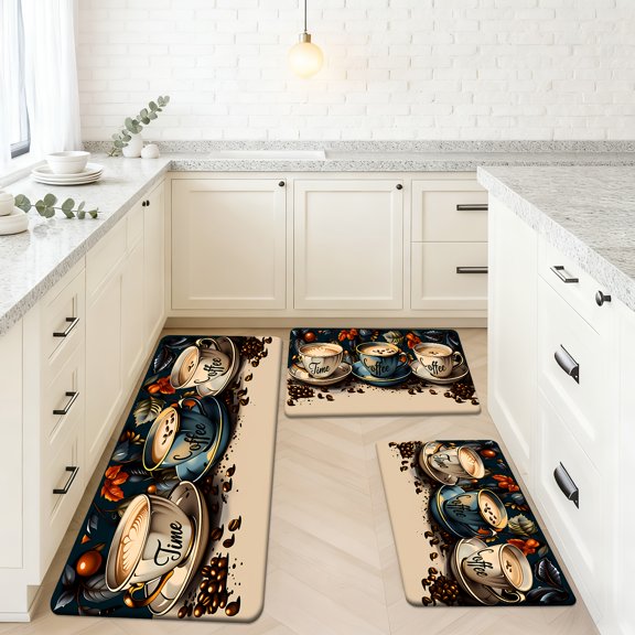 Cozy Coffee Theme Fleece Floor Mat Set for Kitchen, Entryway, Living Room & Bedroom – Warm Autumn Design Featuring Beans And Leaves Pattern, Perfect for Home Decoration