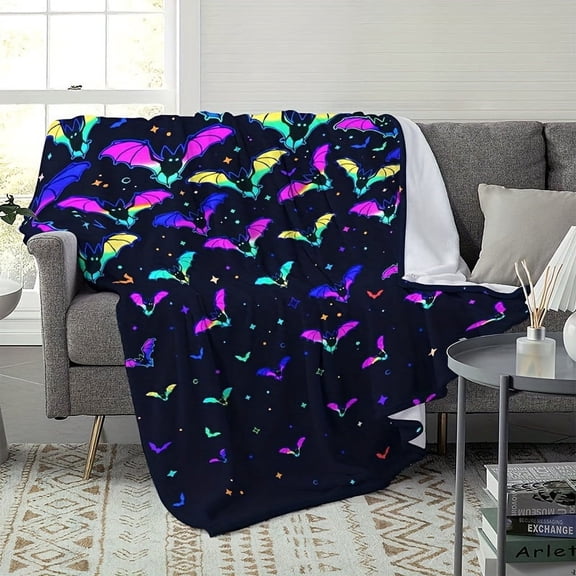 Cozy Colorful Bat Print Flannel Throw Blanket - Soft, Warm & Allergy-Friendly for Couch, Office, Bed, Camping | Versatile Gift for All Seasons
