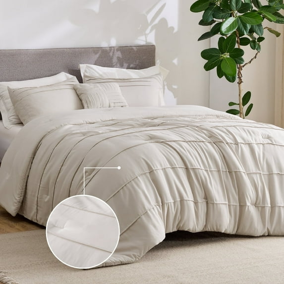 Twin Comforter Set, 3 Pieces Soft Pinch Pleat Beige Bedding Set for All Season