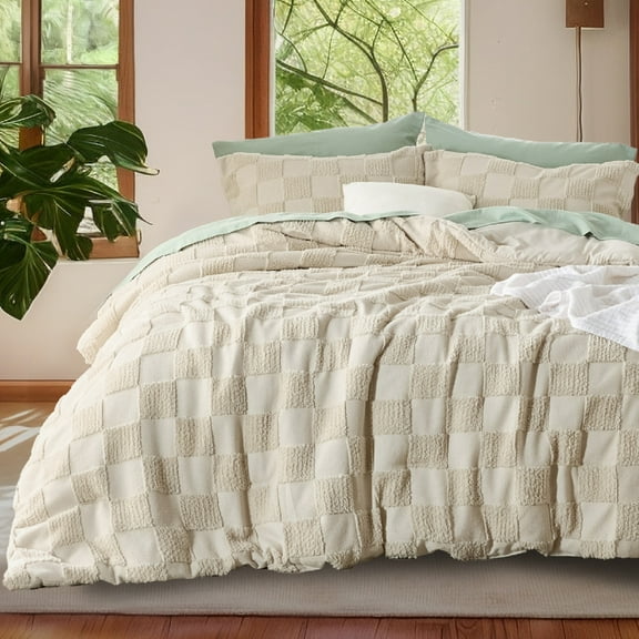 U by Bedsure 3 Pieces Beige Comforter Set, Full, Boho Tufted Checkered Farmhouse Bedding Comforter Set, 1 Plaid Geometric Comforter and 2 Pillow Shams