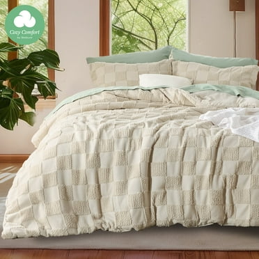 Cozy Comfort 3 Pieces Beige Comforter Set, Queen, Boho Tufted Checkered Farmhouse Bedding Comforter Set, 1 Plaid Geometric Comforter and 2 Pillow Shams