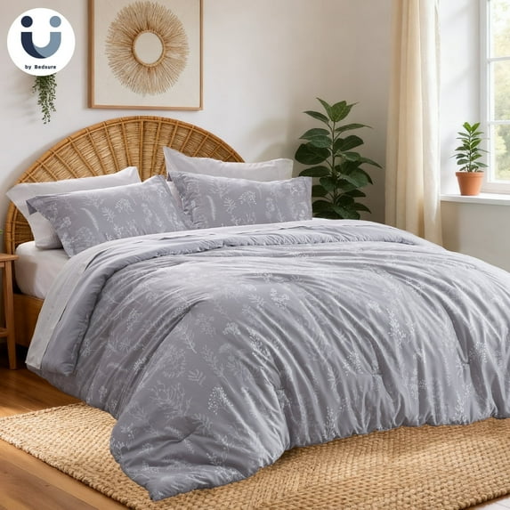 3 Pieces Comforter Sets, 1 Soft Reversible Botanical Flowers Comforter and 2 Pillow Shams, Frost Gray, Twin Size