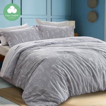 Cozy Comfort 3 Pieces Comforter Sets, 1 Soft Reversible Botanical Flowers Comforter and 2 Pillow Shams, Grey, Queen Size