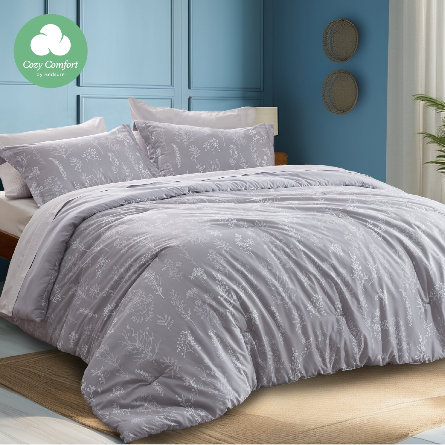 Cozy Comfort Queen Comforter Sets, 3 Pieces Botanical Flowers Bedding Sets, Reversible Bed in a Bag, Grey - Walmart.com