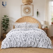 3 Pieces Comforter Sets, 1 Soft Reversible Botanical Flowers Comforter and 2 Pillow Shams, White, Queen Size