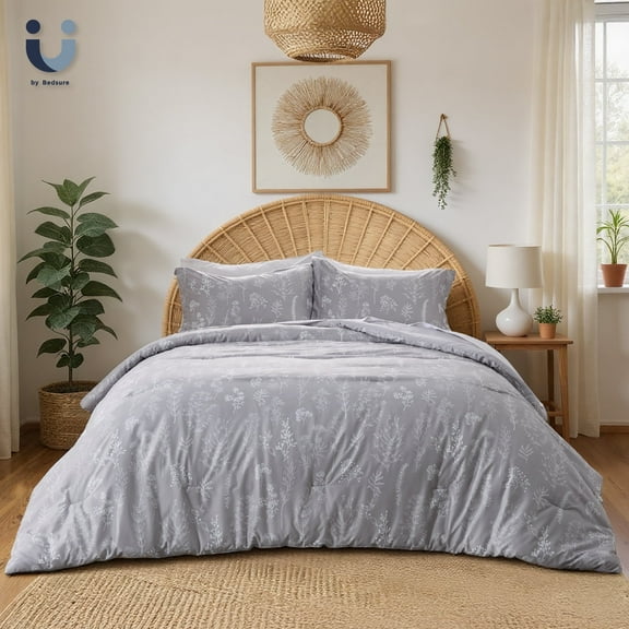 3 Pieces Grey Full Size Comforter Sets, Cute Flowers Botanical Lightweight Soft Bedding Set with 2 Pillow Shams