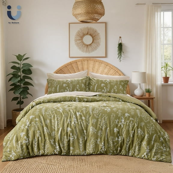 3 Pieces Olive Green Full Comforter Sets,Flowers Botanical Lightweight Soft Bedding Set