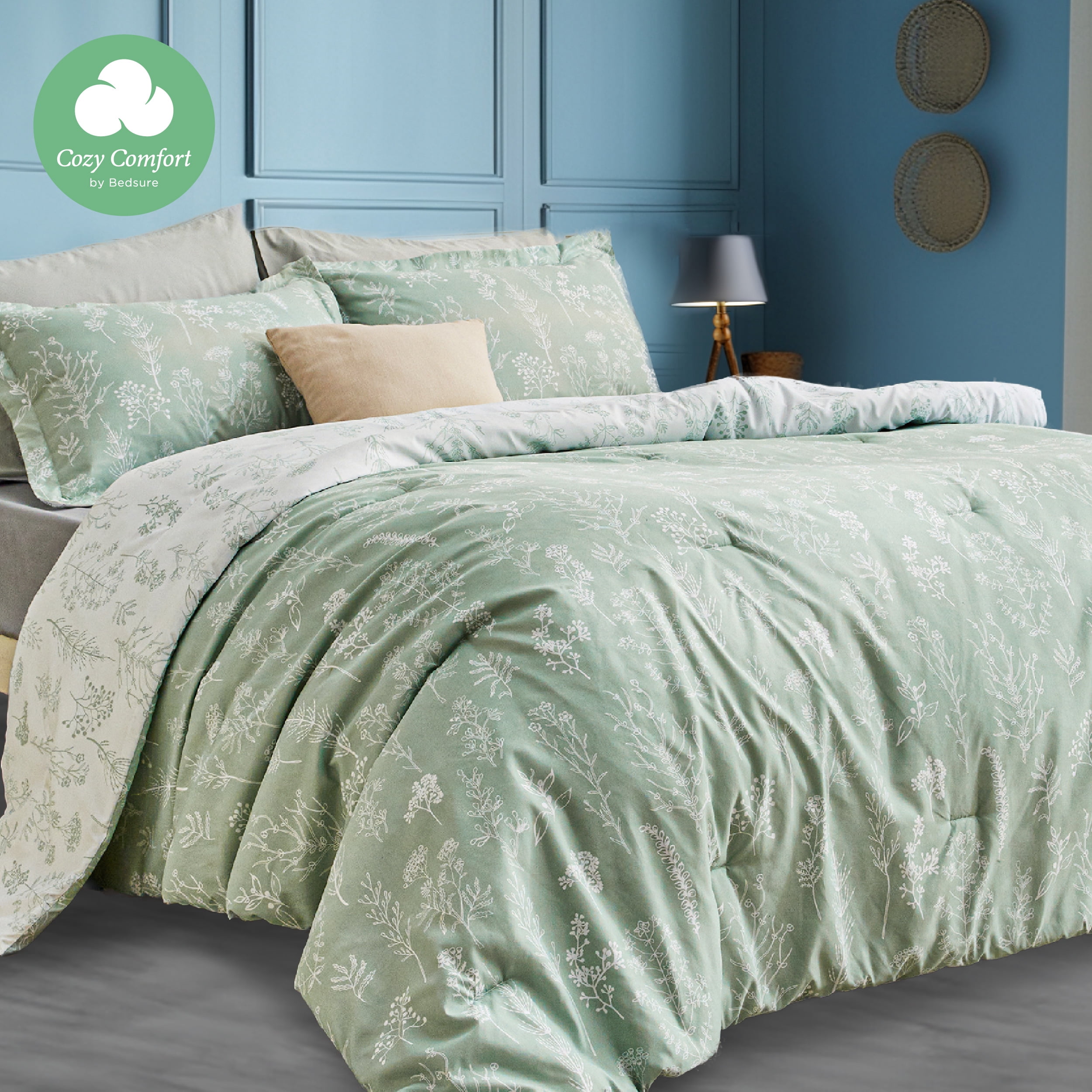 Cozy Comfort 3 Pieces Sage Green Floral Comforter Sets, 1 Soft Reversible Botanical Flowers ...