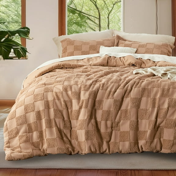U by Bedsure 3 Pieces Taupe Comforter Set, Queen, Boho Tufted Checkered Farmhouse Bedding Comforter Set, 1 Plaid Geometric Comforter and 2 Pillow Shams
