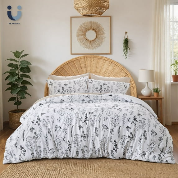 King Comforter Sets, 3 Pieces White Bed in a Bag, Flowers Botanical Reversible Bedding Sets