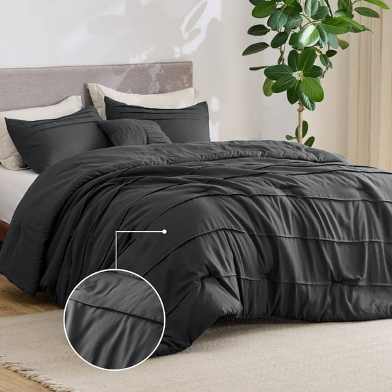 Full Comforter Set, 4 Pieces Soft Pinch Pleat Dark Gray Bedding Set for All Season