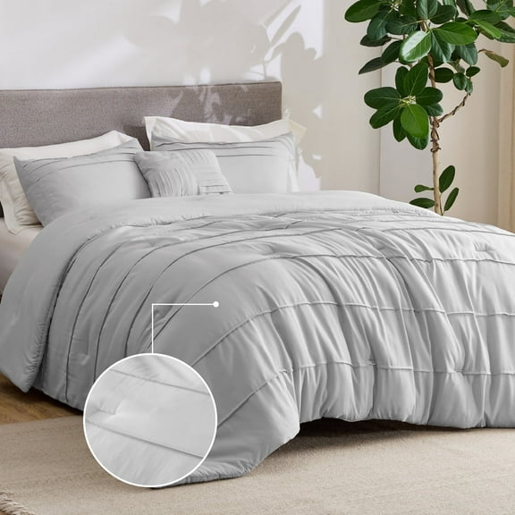 King Comforter Set, 4 Pieces Soft Pinch Pleat Gray Bedding Set for All Season