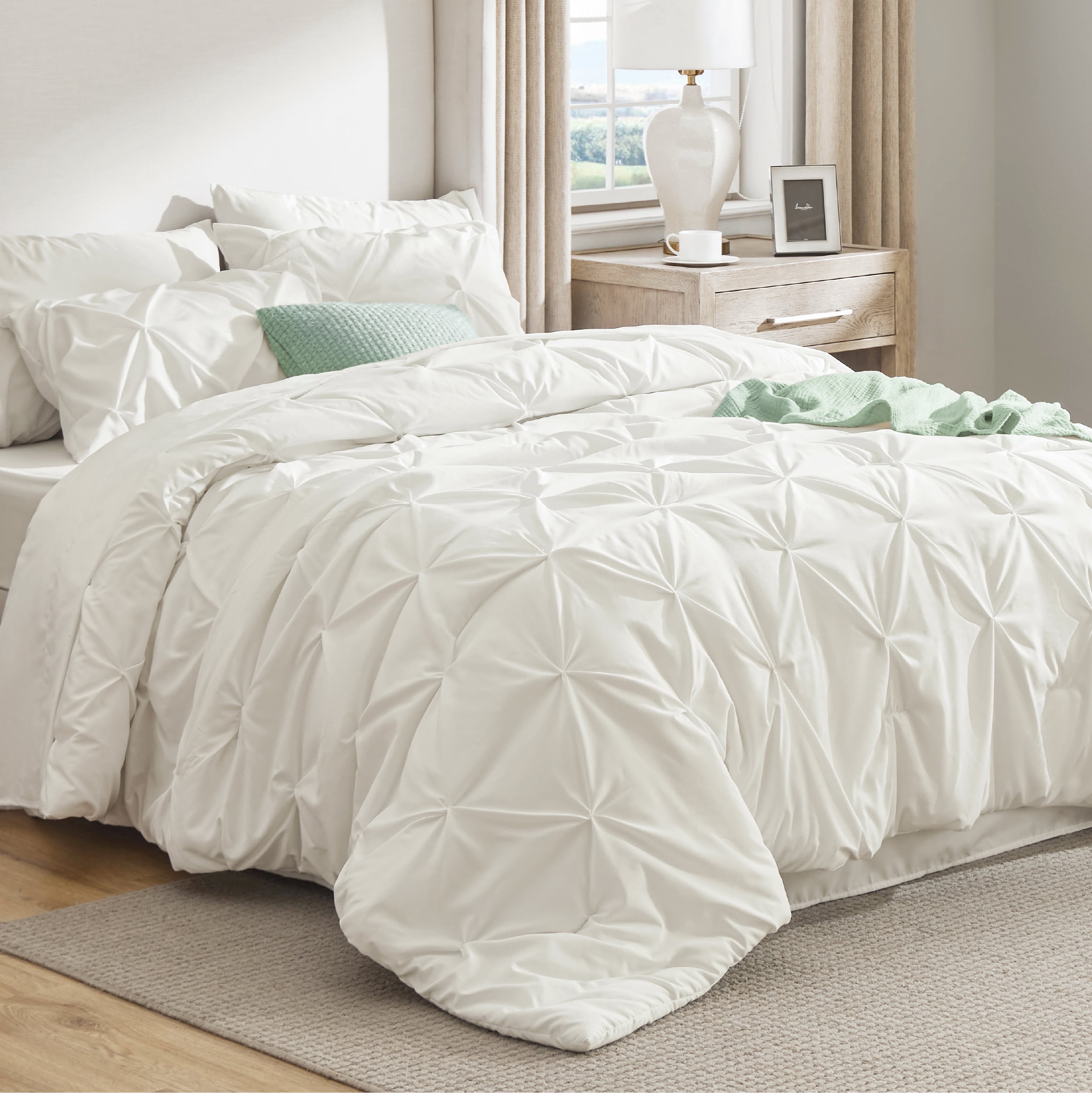U by Bedsure Queen Comforter Set - 7 Pieces White Comforters , Pintuck Bedding Sets for All Season, with Flat Sheet and Fitted Sheet, Pillowcases & Shams
