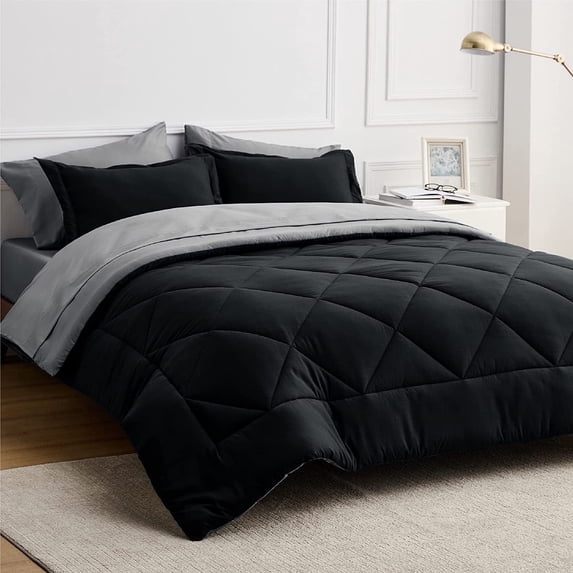 U by Bedsure 7 Pieces Black Queen Comforter Set, Reversible Bed in a Bag Queen Size, All Season Bedding Set with Comforter, Flat Sheet, Fitted Sheet, Pillowcases & Shams