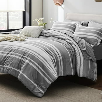 Cozy Comfort 7-Pieces Gray White Striped Comforter Bed in a Bag, Full