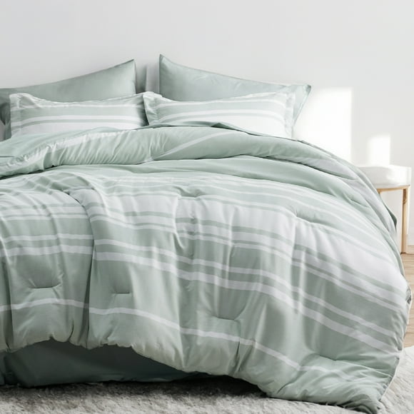 U by Bedsure 7-Pieces Sage Green White Striped Comforter Bed-in-a-Bag, Full