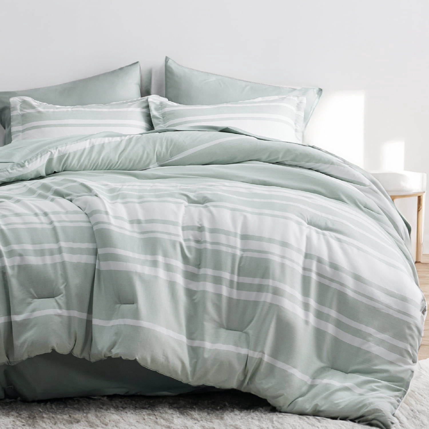 U by Bedsure Full Comforter Set, 7 Pieces Sage Green Striped Bedding Sets All Season, Bed in a Bag with Comforter, Sheets, Pillowcases & Shams