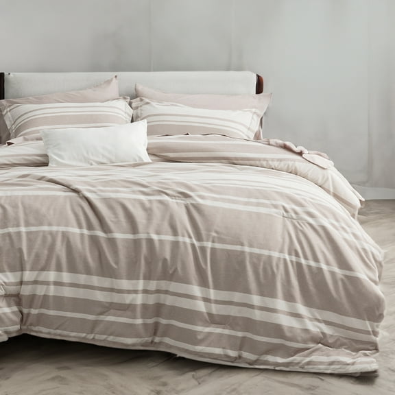 U by Bedsure Bed in a Bag Full Size 7 Pieces, Light Camel White Striped Bedding Comforter Sets All Season Bed Set, 2 Pillow Shams, Flat Sheet, Fitted Sheet and 2 Pillowcases（Full, Brown)
