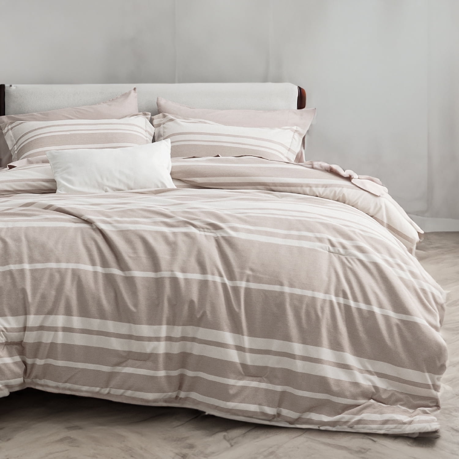 U by Bedsure Full Comforter Set, 7 Pieces Brown White Striped Bedding Sets All Season, Bed in a Bag with Comforter, Sheets, Pillowcases & Shams