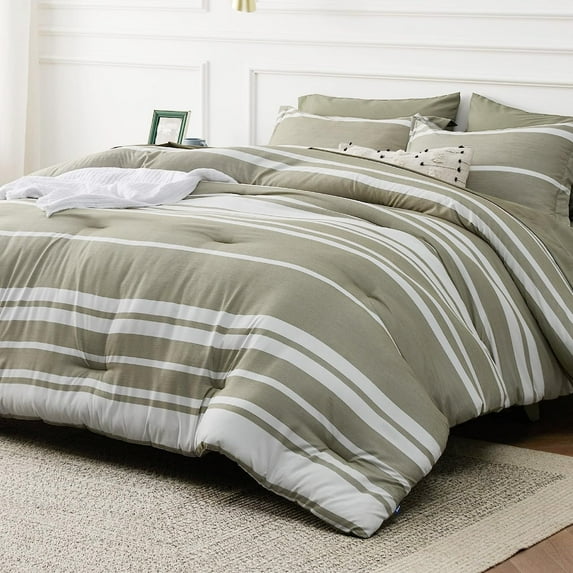 U by Bedsure Bed in a Bag King 7 Pieces, Olive Green White Striped Bedding Comforter Sets All Season Bed Set, 2 Pillow Shams, Flat Sheet, Fitted Sheet and 2 Pillowcases