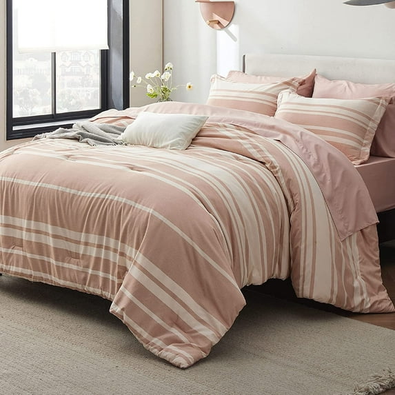 U by Bedsure Bed in a Bag King Size 7 Pieces, Dusty Pink White Striped Bedding Comforter Sets All Season Bed Set, 2 Pillow Shams, Flat Sheet, Fitted Sheet and 2 Pillowcases