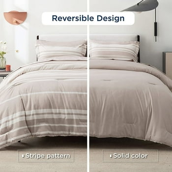 Cozy Comfort Bed in a Bag King Size 7 Pieces, Light Camel White Striped Bedding Comforter Sets All Season Bed Set, 2 Pillow Shams, Flat Sheet, Fitted Sheet and 2 Pillowcases