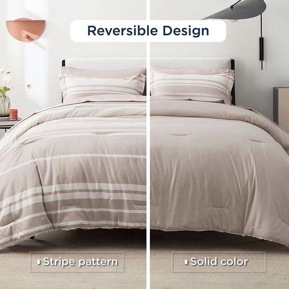 U by Bedsure Bed in a Bag King Size 7 Pieces, Light Camel White Striped Bedding Comforter Sets All Season Bed Set, 2 Pillow Shams, Flat Sheet, Fitted Sheet and 2 Pillowcases(King, Brown)