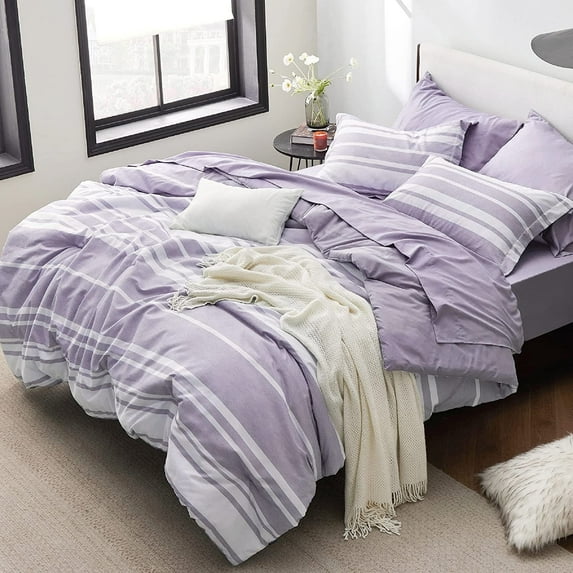 U by Bedsure Bed in a Bag King Size 7 Pieces, Purple White Striped Bedding Comforter Sets All Season Bed Set, 2 Pillow Shams, Flat Sheet, Fitted Sheet and 2 Pillowcases
