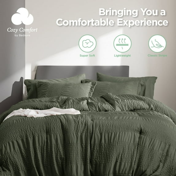 Bed in a Bag Queen - Queen Comforter Set 7 Piece Stripes Seersucker Bedding Set, Soft Lightweight Down Alternative Comforter Queen Bed Set(Bronze Green, Queen)