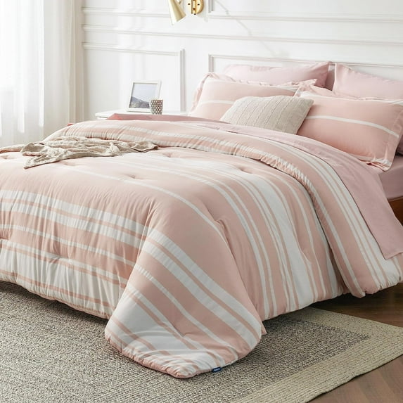 U by Bedsure Bed in a Bag Twin Size 5 Pieces, Light Pink White Striped Bedding Comforter Sets All Season Bed Set with 1 Pillow Sham, Flat Sheet, Fitted Sheet and 1 Pillowcase