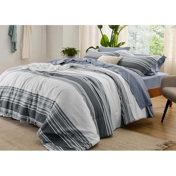 Bed in a Bag King 7 Pieces - Striped Beddding Sets, King Comforter Sets with Comforter, Fitted Sheet, Flat Sheet, Pillowcase & Shams