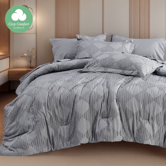 U by Bedsure Full Comforter Set, 7 Pieces Grey Boho Farmhouse Shabby Chic Embroidery Bedding Sets, Geometric Pattern Bed in a Bag with Reversible Comforter, Sheets, Pillowcases & Shams