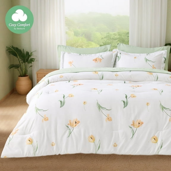 U by Bedsure Twin Comforter Set, 5 Pieces Sea Foam Green Floral Bedding Sets, Bed in a Bag with Reversible Botanical Flowers Comforter, Sheets, Pillowcases & Shams