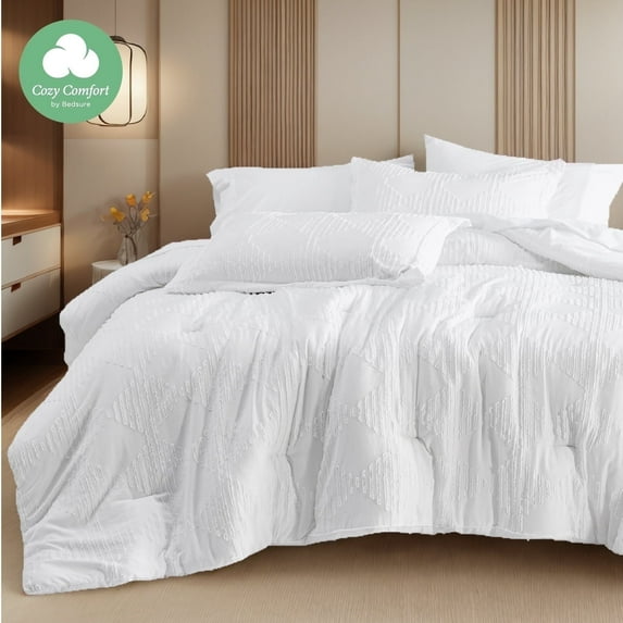 U by Bedsure Full Comforter Set, 7 Pieces White Boho Farmhouse Shabby Chic Embroidery Bedding Sets, Geometric Pattern Bed in a Bag with Reversible Comforter, Sheets, Pillowcases & Shams