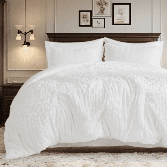 U by Bedsure Queen Comforter Set, White Bed in a Bag 7 Pieces Stripes Seersucker Bedding Set for All Season
