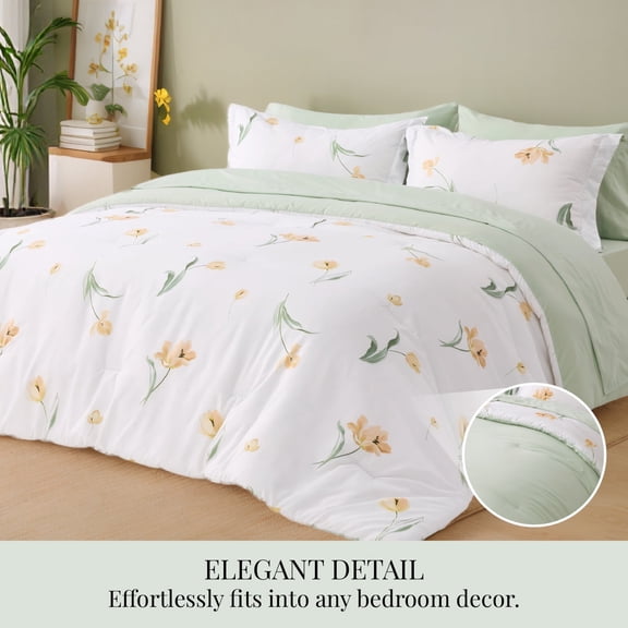 U by Bedsure Queen Comforter Set, 7 Pieces Sea Foam Green Floral Bedding Sets, Bed in a Bag with Reversible Botanical Flowers Comforter, Sheets, Pillowcases & Shams