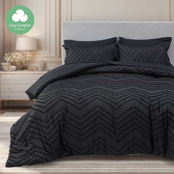 U by Bedsure Queen Comforter Set, 7 Pieces Black Farmhouse Shabby Chic Embroidery Bedding Sets, Geometric Pattern Bed in a Bag with Reversible Comforter, Sheets, Pillowcases & Shams