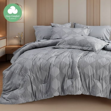 Cozy Comfort Queen Comforter Set, 7 Pieces Grey Boho Farmhouse Shabby Chic Embroidery Bedding Sets, Geometric Pattern Bed in a Bag with Reversible Comforter, Sheets, Pillowcases & Shams