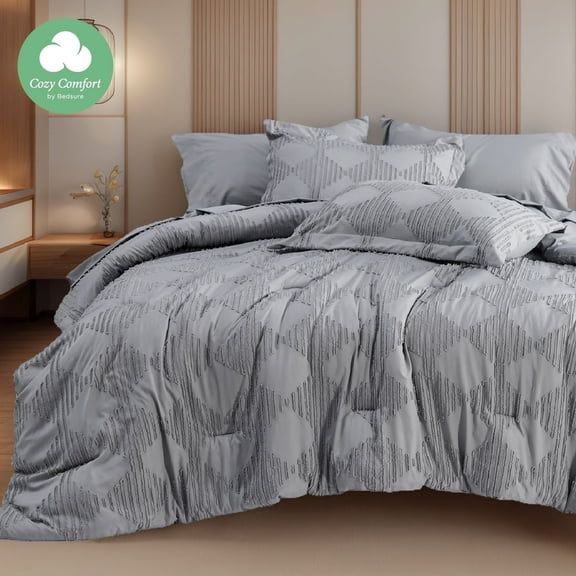 Cozy Comfort Queen Comforter Set, 7 Pieces Grey Boho Farmhouse Shabby Chic Embroidery Bedding Sets, Geometric Pattern Bed in a Bag with Reversible Comforter, Sheets, Pillowcases & Shams
