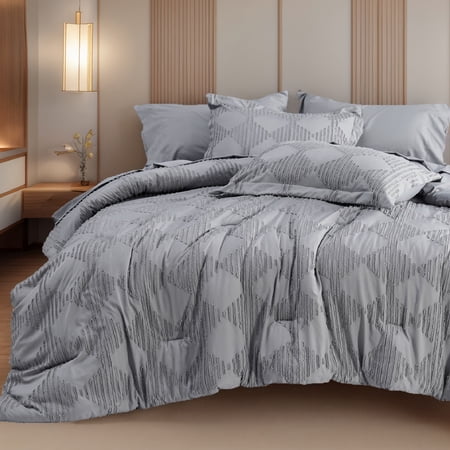 Cozy Comfort Twin Comforter Set, 5 Pieces Grey Boho Farmhouse Shabby Chic Embroidery Bedding Sets, Geometric Pattern Bed in a Bag with Reversible Comforter, Sheets, Pillowcases & Shams