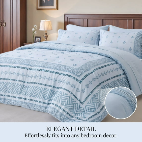 U by Bedsure Queen Comforter Set, 7 Pieces Blue Boho Floral Bedding Sets, Bed in a Bag with Reversible Botanical Flowers Comforter, Sheets, Pillowcases & Shams