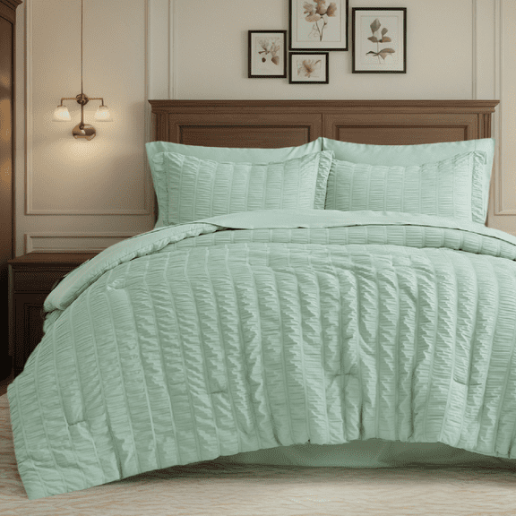 U by Bedsure King Comforter Set, Sage Green Bed in a Bag 7 Pieces Stripes Seersucker Bedding Set for All Season