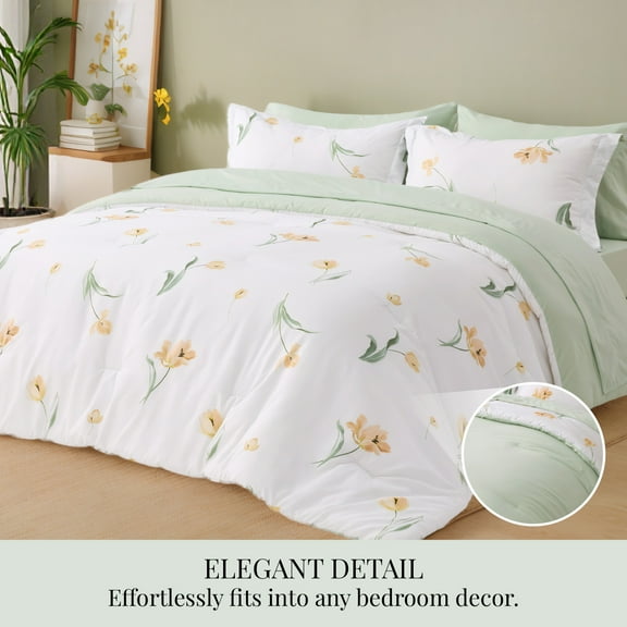 U by Bedsure Twin Comforter Set, 5 Pieces Sea Foam Green Floral Bedding Sets, Bed in a Bag with Reversible Botanical Flowers Comforter, Sheets, Pillowcases & Shams