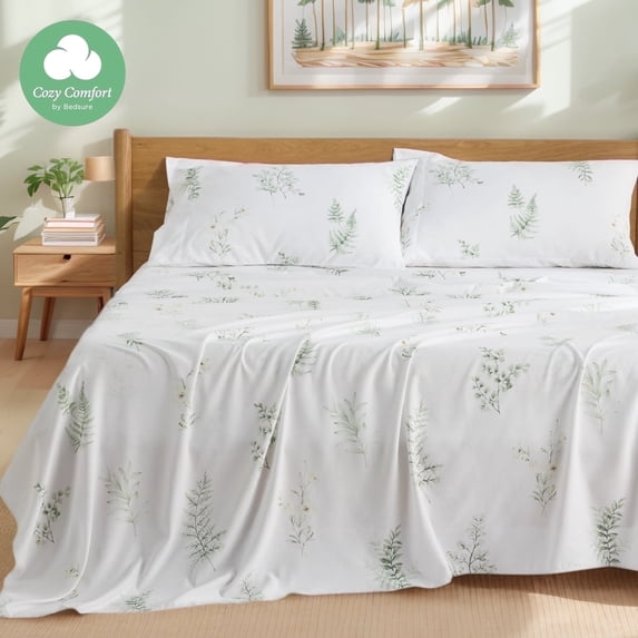 U by Bedsure Printed Sheet Set Queen Size 4 Piece, Soft Botanical Pattern Microfiber Sheets Extra Deep Pocket, Green